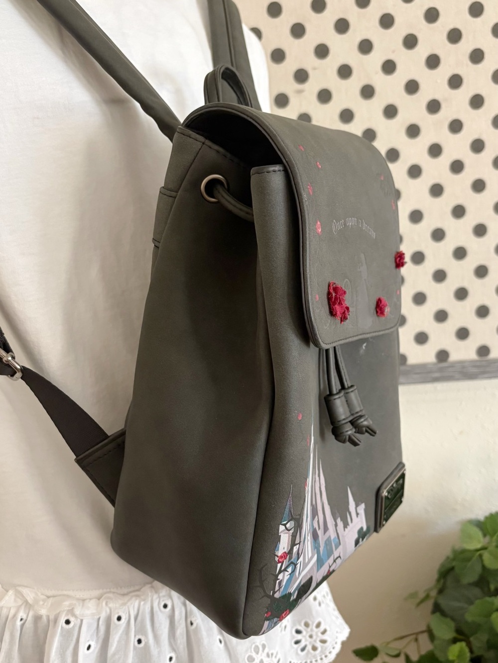 Disney Gray Floral Castle Drawstring Backpack with Red Rose Embroidery - Picture 2 of 9